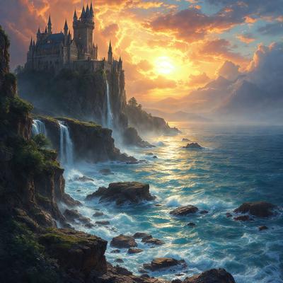 Primary subject: A castle on a cliff overlooking the ocean.

Setting/background: The ocean with waves crashing against the rocks.

Visual style: Digital art.

Colors and mood: The image is in color, with a warm and serene atmosphere. The sun is setting, casting a warm glow over the scene, and the ocean adds a sense of tranquility to the image.
